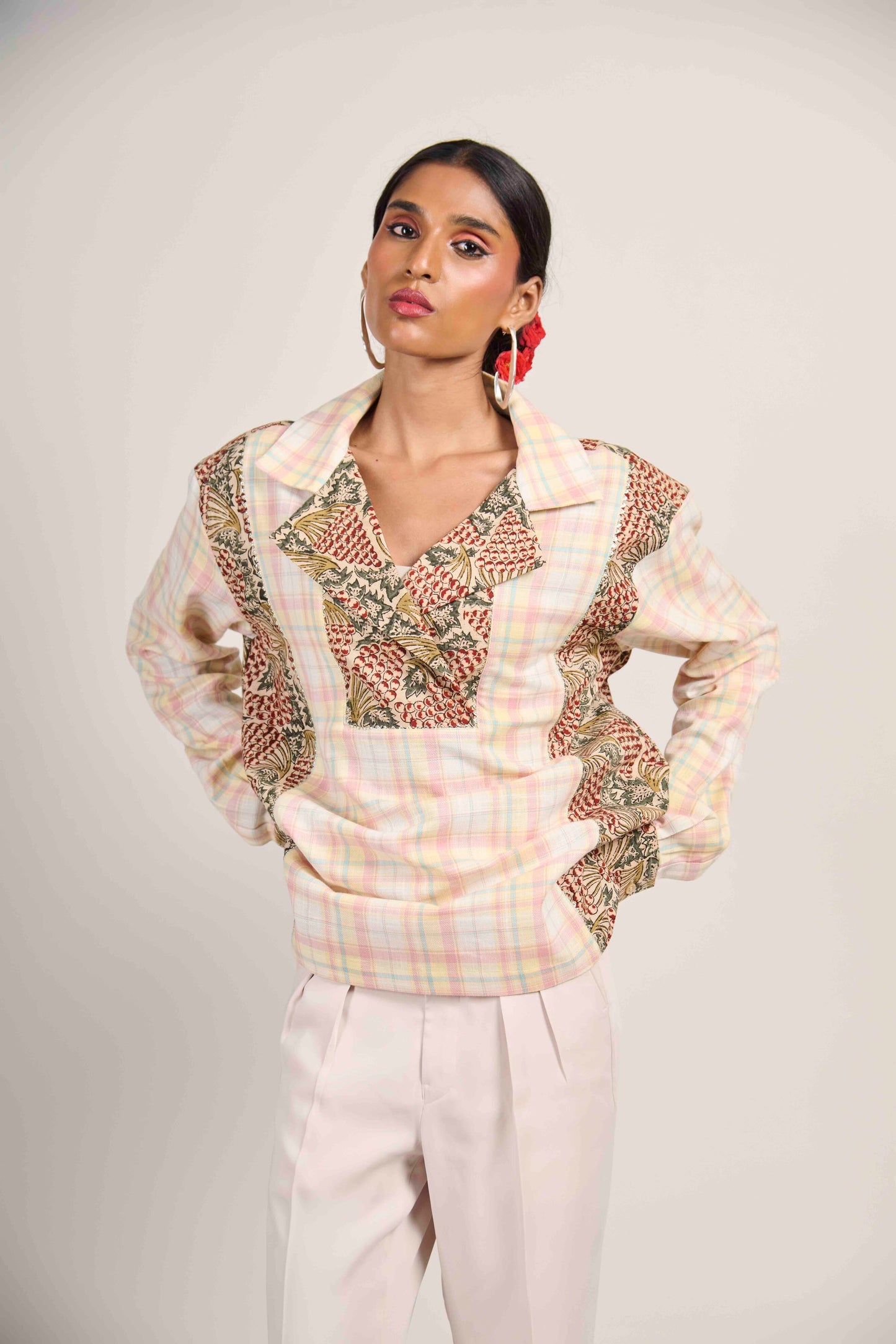 Open-Collar Grid Shirt