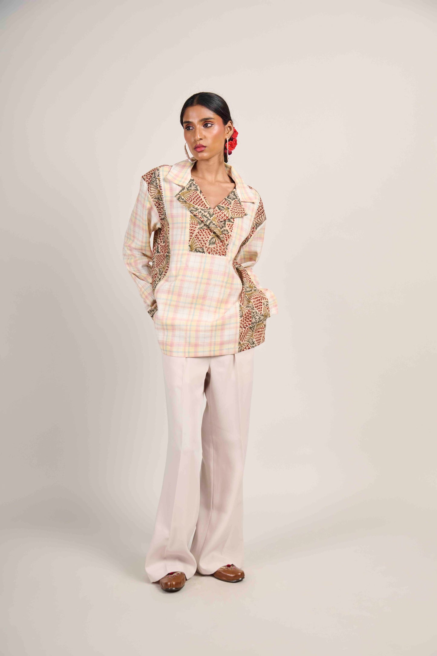 Open-Collar Grid Shirt